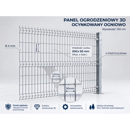 Panel ogrodzeniowy 3D 250x153 cm fi 5 mm – parametry techniczne i oczko 50x200 mm