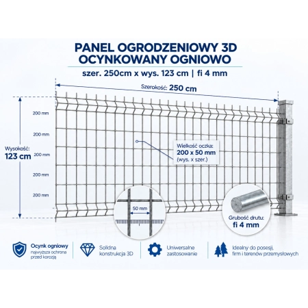 Panel ogrodzeniowy 3D 250x123 cm fi 4 mm ocynkowany ogniowo – parametry produktu i oczko 50x200 mm