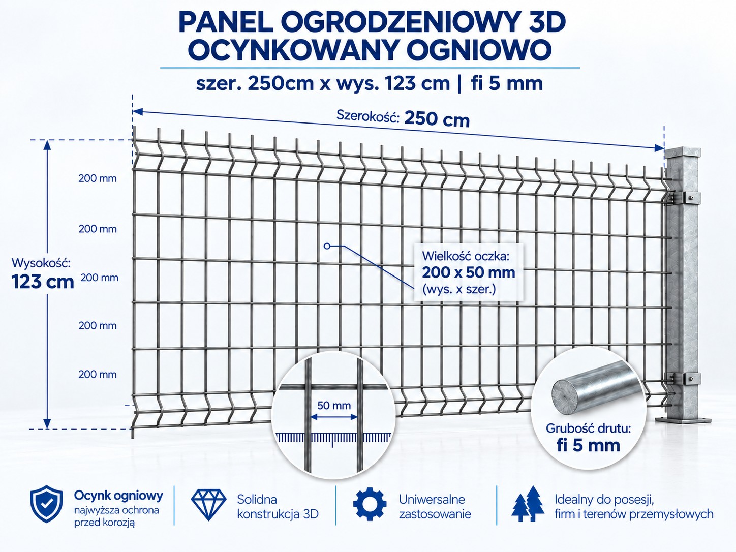 Panel ogrodzeniowy 3D 250x123 cm fi 5 mm ocynkowany ogniowo – oczko 50x200 mm