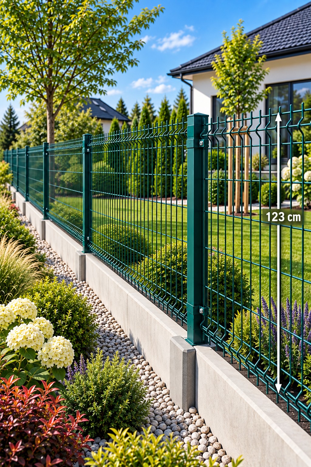Panel ogrodzeniowy 3D 123 cm zielony zamontowany przy domu i ogrodzie