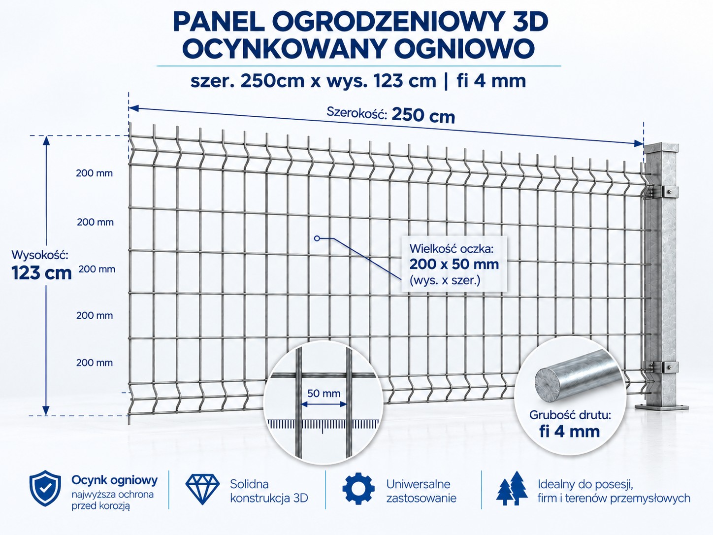 Panel ogrodzeniowy 3D 250x123 cm fi 4 mm ocynkowany ogniowo – oczko 50x200 mm, rysunek techniczny
