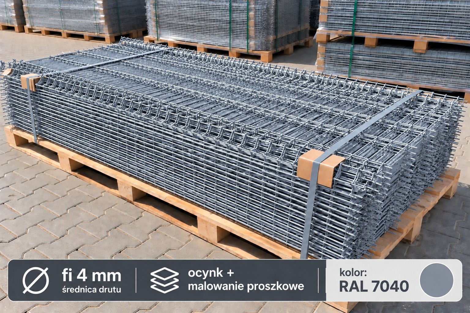 Panele ogrodzeniowe 3D 250x123 cm fi 4 mm RAL 7040 ocynkowane i malowane proszkowo na palecie