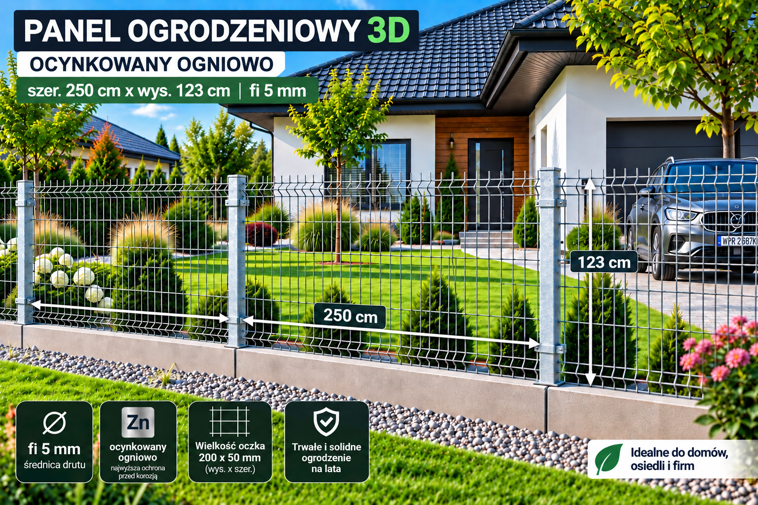 Panel ogrodzeniowy 3D 250x123 cm fi 5 mm ocynkowany ogniowo – oczko 50x200 mm