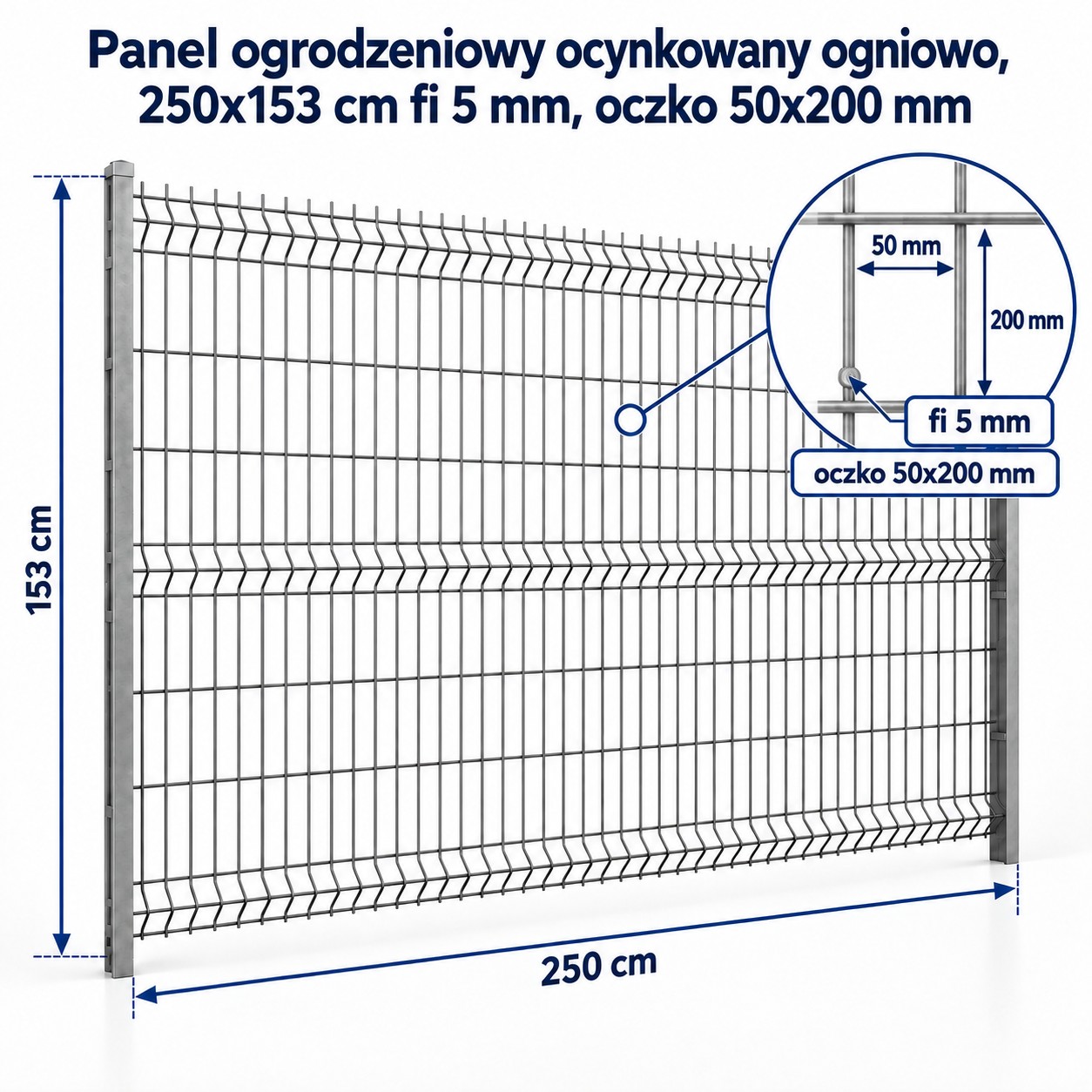 Panel ogrodzeniowy 3D 250x153 cm fi 5 mm ocynkowany ogniowo – oczko 50x200 mm