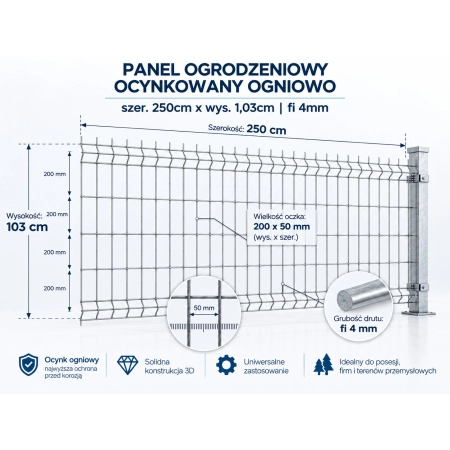 Panel ogrodzeniowy 3D 250x103 cm fi 4 mm ocynkowany ogniowo – rysunek techniczny, oczko 50x200 mm