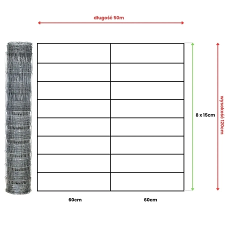 Rysunek techniczny siatki leśnej 120/9/60 L – wysokość 120 cm, długość rolki 50 m, 9 drutów poziomych, rozstaw drutów pionowych 60 cm