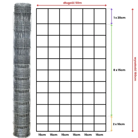 Rysunek techniczny siatki leśnej 160/12/15 L – wysokość 160 cm, długość rolki 50 m, 12 drutów poziomych i rozstaw pionowy 15 cm