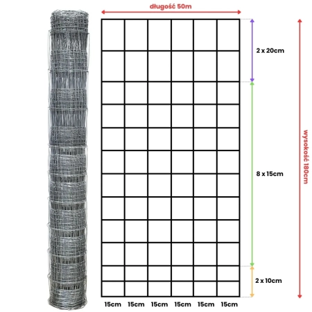 Siatka leśna 180/13/15 L – schemat wymiarów 180 cm x 50 m i rozstaw drutów pionowych 15 cm