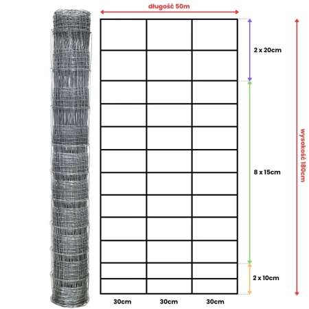Siatka leśna 180/13/30 L – schemat wymiarów 180 cm x 50 m i rozstaw drutów 30 cm