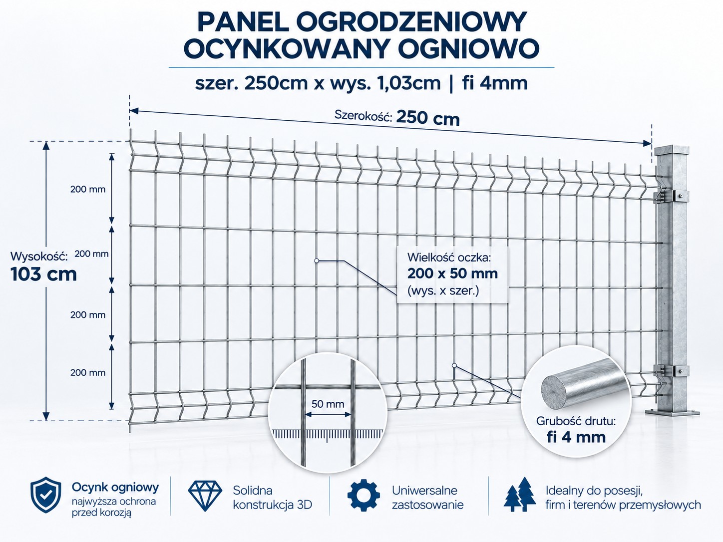 Panel ogrodzeniowy 3D 250x103 cm fi 4 mm ocynkowany ogniowo – rysunek techniczny