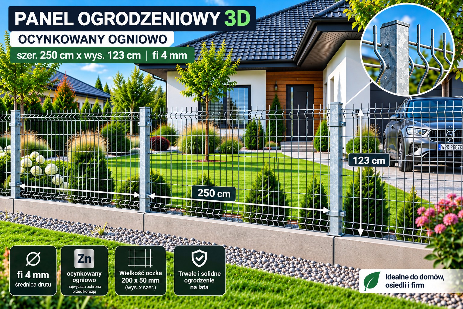 Panel ogrodzeniowy 3D 250x123 cm fi 4 mm ocynkowany ogniowo, oczko 50x200 mm
